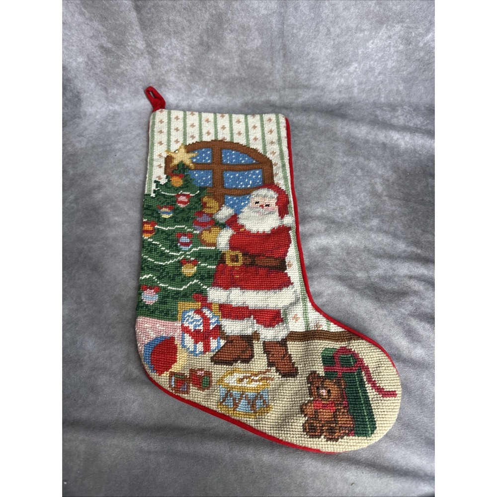 Vintage Wool Christmas Stocking Hand Needlepoint Velvet Back Santa